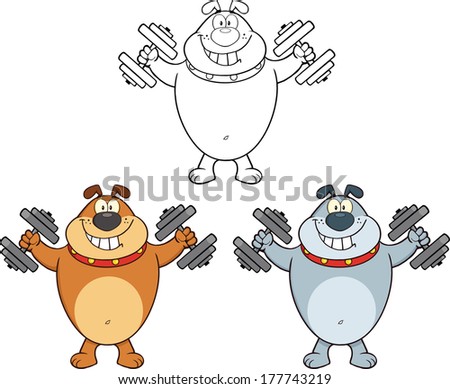 Bulldog Holding Dumbbells Cartoon Mascot Characters. Raster Collection Set