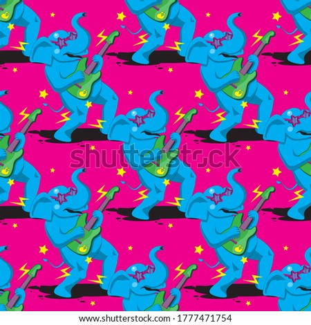 seamless pattern of an elephant playing a guitar on a pink background. Vector image eps 10