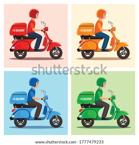 Vector of Delivery Man set with 4 color theme as red, orange, blue and green. Man riding scooter for delivery service. Royalty-Free Stock Photo #1777479233
