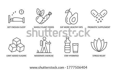 Vector immune system boosters icons. Editable Stroke. Get enough sleep whole plant foods, eat more healthy fats probiotic supplement. Limit added sugars moderate exercise, stay hydrated stress relief Royalty-Free Stock Photo #1777506404