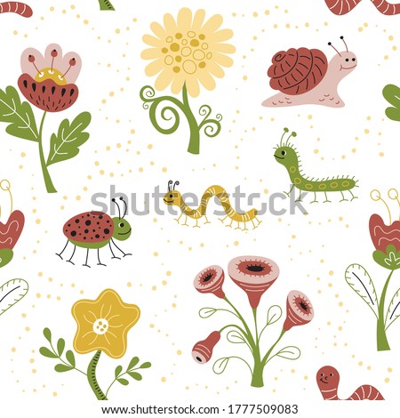 Vector Seamless pattern with insects and flowers. Loop pattern for fabric, textile, wallpaper, posters, gift wrapping paper, napkins, tablecloths. Print for kids, children. Children's pattern