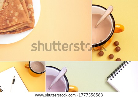 Creative collage. Mood board. Collage. Iron cup of coffee and notebook and pancakes on colorful background