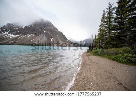 A picture of Bow lake, Bow peak and Bow glacier.   