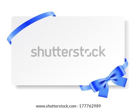 Card note with blue bow and ribbon. Vector illustration