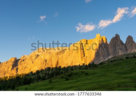 Wonderful landscape of Dolomite Alps during sunset. Location: sass dai ciamorces, Dolomites, Italy. Amazing nature background. Artistic picture. Beauty world. Panorama