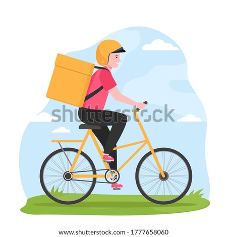 Smiling male courier in helmet on bicycle. Bag, order, fast flat vector illustration. Delivery service and shipping concept for banner, website design or landing web page