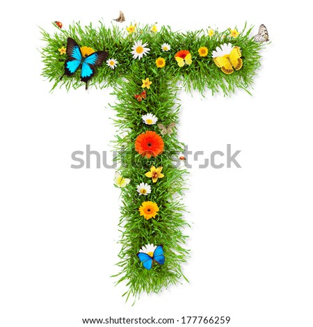 Fresh grass letter "T" with blooms and butterflies. isolated on white background