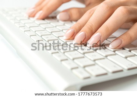 Work woman. Female online work female. Hand typing on desktop office computer keyboard. Woman using laptop. Blogger working online concept