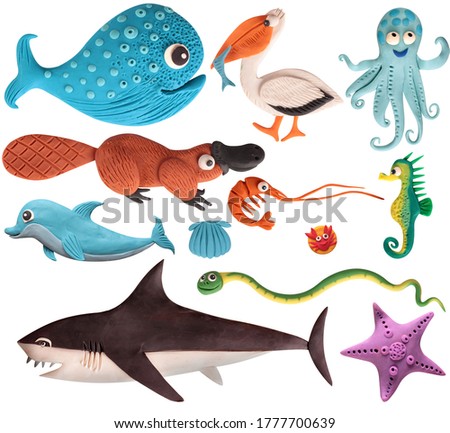 set of sea animals, killer whale, seahorse, starfish, on a white background, sculpted from plasticine