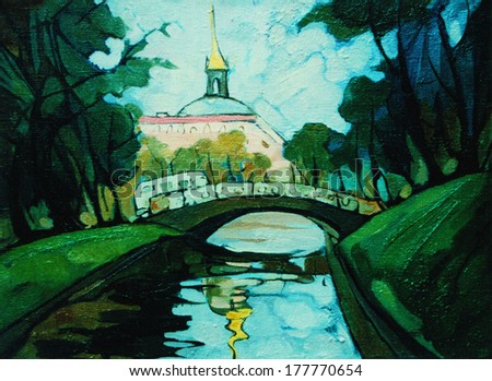 landscape with channel and bridge in saint petersburg, painting by oil on  canvas,  illustration