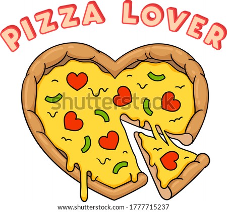 Heart shaped pizza with cutted off slice and melted cheese. Vector illustration isolated on white
