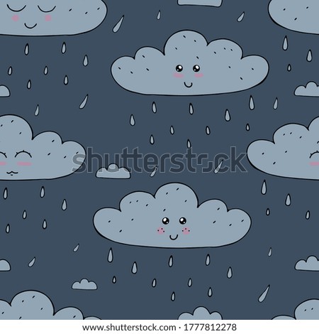 blue clouds with cute kawaii faces with raindrops on blue background in doodle style, vector seamless pattern