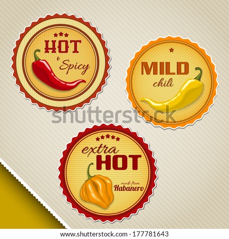 Labels for chili sauces with different peppers Royalty-Free Stock Photo #177781643