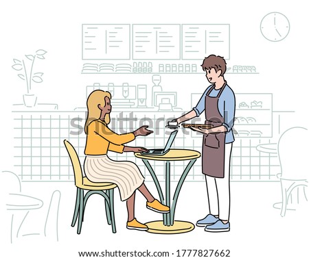 A female customer is sitting in a cafe. The barista brings her coffee. Coffee shop background. hand drawn style vector design illustrations. 