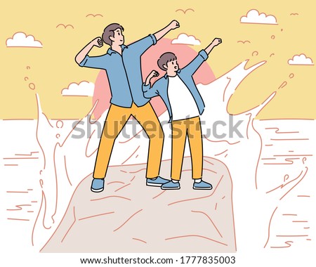 Dad and son are posing equally funny. hand drawn style vector design illustrations. 