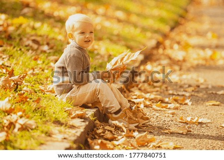 Autumn child have fun and playing with fallen golden leaves, autumn park