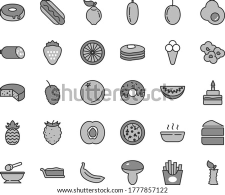 Thin line gray tint vector icon set - deep plate with a spoon vector, sausage, cheese, pizza, Hot Dog, mushroom, piece of cake, slice, birthday, hole, glazed, porridge, French fries, popcorn, cone