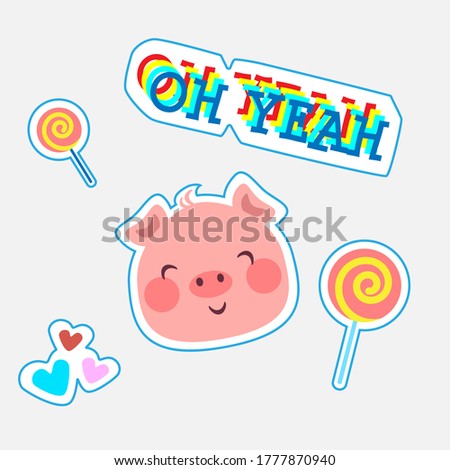 Cute baby pig with funny text Oh yeah. Collection of hand drawn cute animals with speech bubbles end messages for birthday, party invitations, scrapbooking, T-shirt, cards, stickers. 