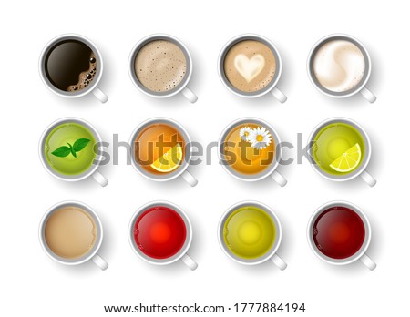 Realistic vector 3d cup of hot beverage set. Teacup with green, black lemon tea , mint, herbal chamomile tea, rooibos, Masala tea and coffee assortment cappuccino, latte, espresso, americano top view. Royalty-Free Stock Photo #1777884194