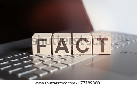 wooden blocks with FACT text of concept on laptop