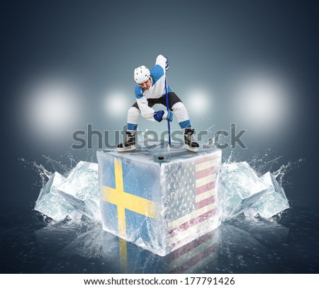 Final game Sweden vs USA. Hockey player on ice cube
