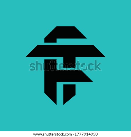 Initial letter F, T, FT or TF overlapping, interlock, monogram logo, black color on blue tosca background
