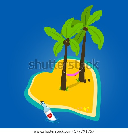 Heart shaped island with palm trees, a hammock and a love message in a bottle. Vector illustration.