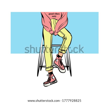 Vector background of a girl in a pink sweater, jeans and sneakers. Fashionable image. Good vibes only. Fashion illustration. K-pop style. Printing on T-shirts.