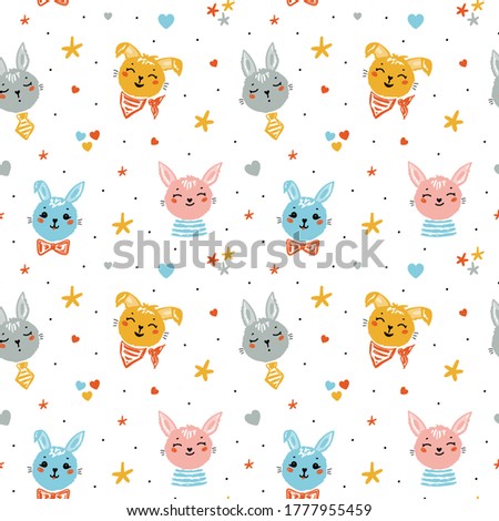 Cute Bunnies Vector Seamless Pattern. Easter Little Rabbit Faces with Stars and Hearts. Doodle Bunny Heads. Cartoon Animal Background for Kids Fashion, Nursery, Baby Shower Scandinavian Design