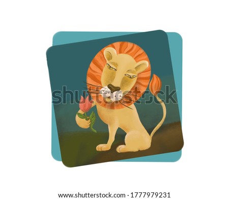 Lion Cartoon cute character painted in blue square frame isolated on white background 