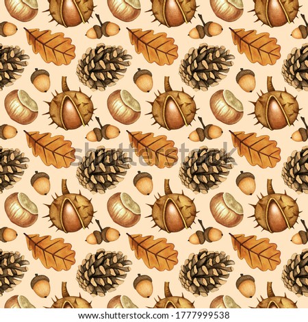 Watercolor Autumn Forest plant seamless pattern. Hand drawn Chestnut, Pinecone, Oak Tree Leaf, Acorn, branch, grass. Fall season background for natural print design, textile, fabric, wrap, gift paper