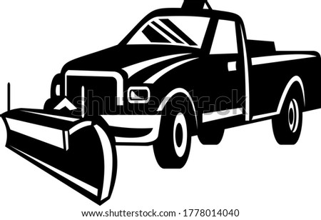 Snow Plow Pick-Up Truck Retro Side View Black and White Royalty-Free Stock Photo #1778014040