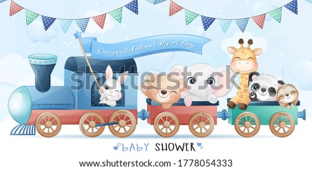 Cute little animals sitting in the train with watercolor illustration Royalty-Free Stock Photo #1778054333