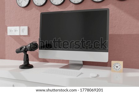 Workspace at home with a desktop computer 3d rendering mockup.Modern technology concept . 3d illustration