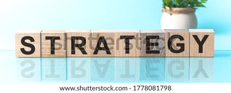 The text of the STRATEGY on wooden cubes, in the blu background. The written text is mirrored from the glossy surface. In the background is a flower in a pot.