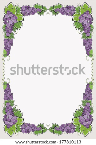 Border with dark grape. Luxury composition with bunches of grapes in corners of decorative border. Copy space. Vector file is EPS8, all elements are grouped.