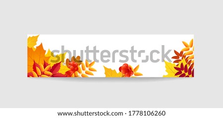 Banner with colored leaves and rowan, autumn time, template for design.