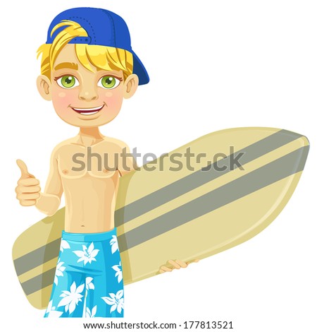 Cute teen boy with a surfboard isolated on a white background
