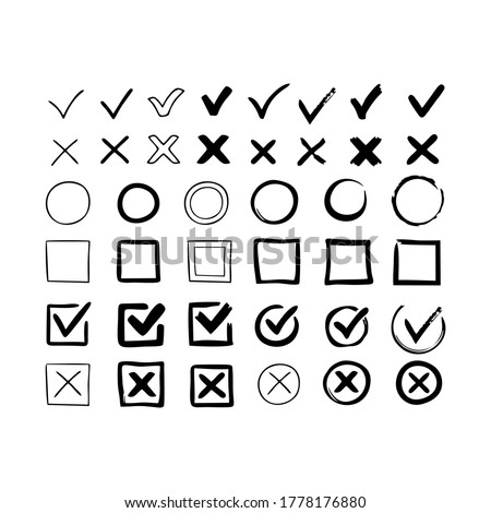 Set hand drawn check mark, tick and cross brush signs, checkmark OK and X icons, symbols YES and NO button, checkbox chalk icons, sketch checkmarks, checklist marks Royalty-Free Stock Photo #1778176880