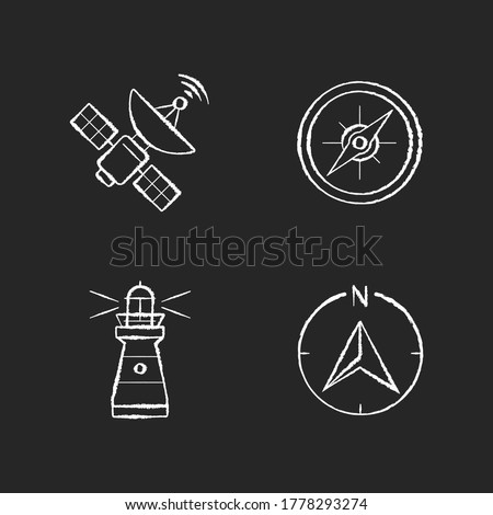Navigation chalk white icons set on black background. Sea navigation and radiolocation. Space satellite, marine compass, lighthouse and navigator arrow. Isolated vector chalkboard illustrations