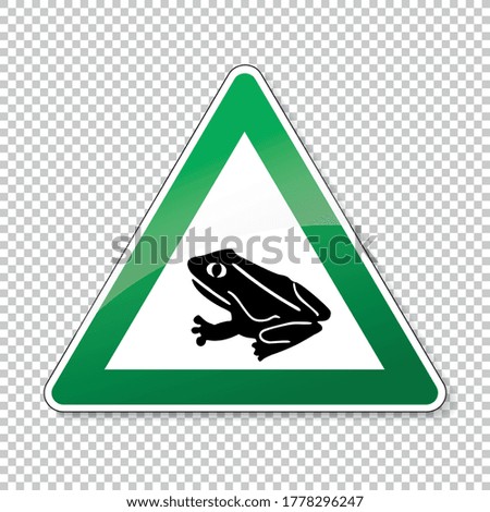 Warning frog, toad migration and save frogs. Traffic sign in green color attention frogs crossing the road on checked transparent background. Vector illustration. Eps 10 vector file.