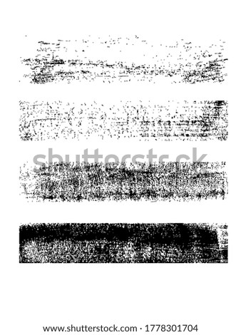 Set of four black abstract textures from paint brush, transparent background. Noise, grain, grunge texture. For overlay, montage, shading or brushes. Abstract vector illustration. Easy to recolor.