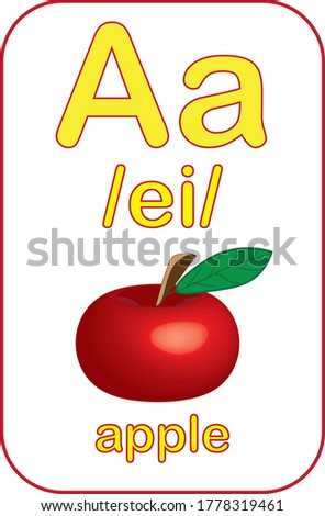 Letter A. Alphabet tutorial cards collection. Vector illustration. Children alphabet flash card. Kids abc education. Learning English vocabulary. 