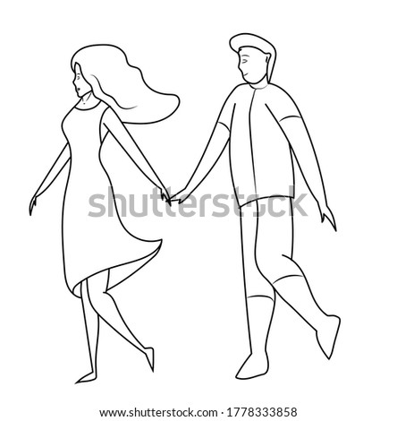 A pair of people a young guy and a girl are walking or dancing hands. Stock illustration of brother and sister isolated on a white background. Vector illustration of a man and woman are holding hands.