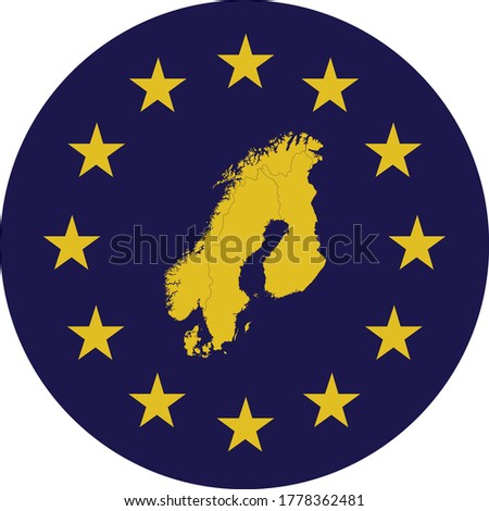 vector illustration of Badge of Yellow Map of Scandinavia countries in colors of EU flag