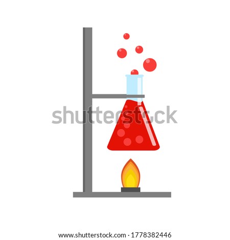 Laboratory equipment, jars, beakers, flasks, spirit lamp. Chemical reaction. Biology science education medical. Vector illustration in flat style.