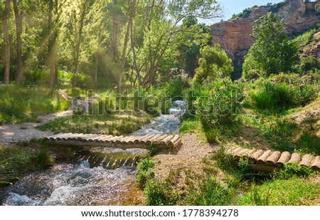 Beautiful landscape with log bridge and sun rays on the trees and mountains in the background