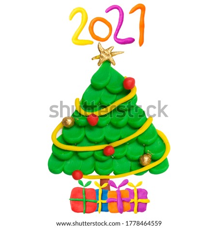 Christmas tree with star isolated on white background. Gold and red christmas ball. 2021. Kids artwork.