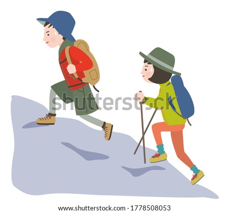 Young men and women wearing audoa wear climbing rocky mountains with a serious expression.Vector illustration.