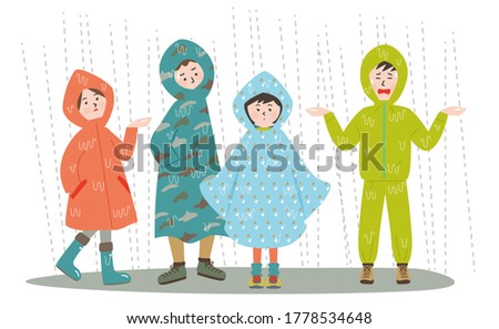 Four young men and women who came in rainwear and ponchos.Vector illustration.